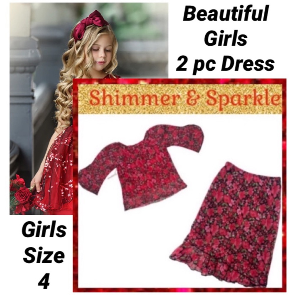 Girls Dress Set Sparkling Floral Glitter Red 2 pc Skirt & Blouse Dressy Outfit